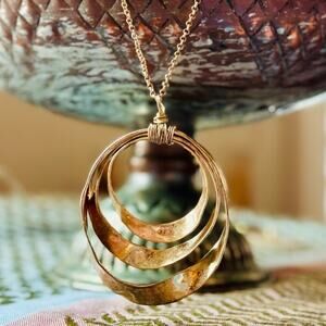 Boho Hammered Gold Tone Triple Circle Pendant Necklace, Artisan Wire-Wrapped